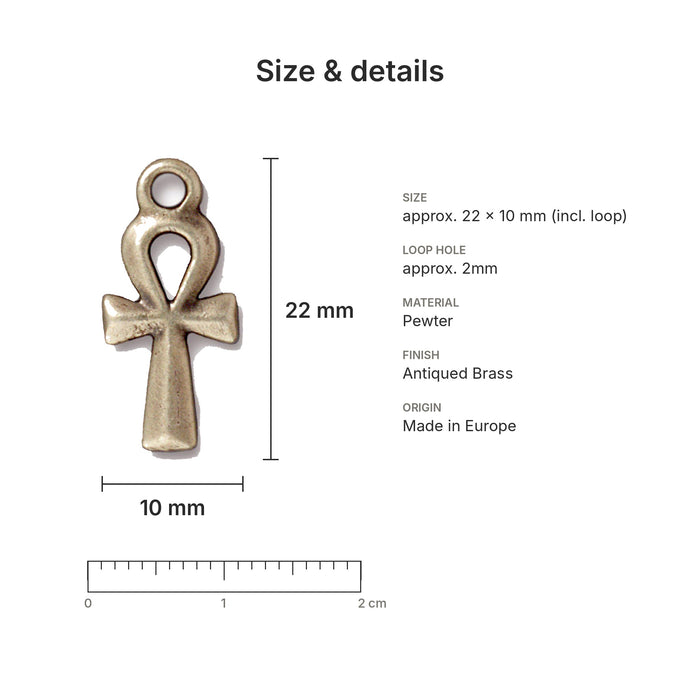 Antiqued brass ankh charm size and details: 22 x 10 mm pewter, 2mm loop hole, made in Europe