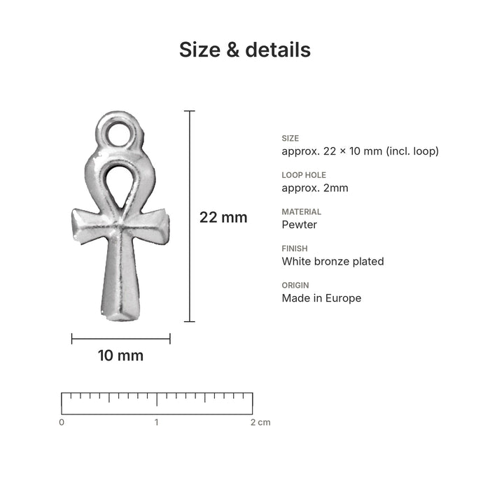White bronze ankh charm size and details: 22 x 10 mm pewter, 2mm loop hole, made in Europe