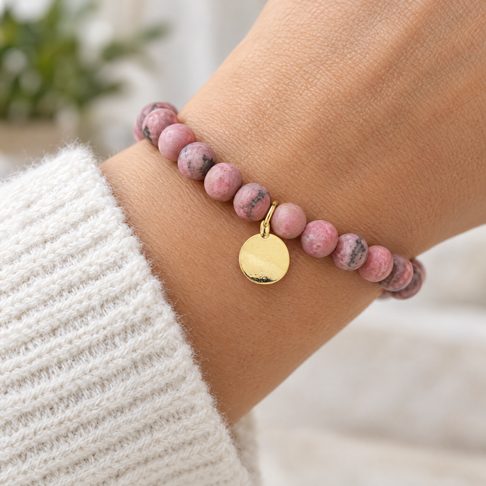 Gold plated blank disc charm on a rhodonite bead bracelet, design idea