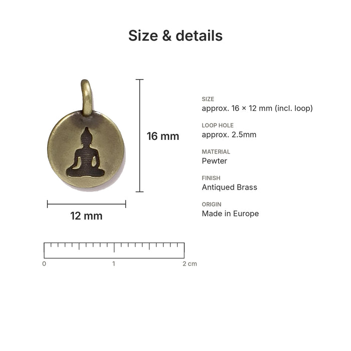 Antiqued brass Buddha coin charm size and details: 16 x 12 mm pewter, 2.5mm loop hole, made in Europe