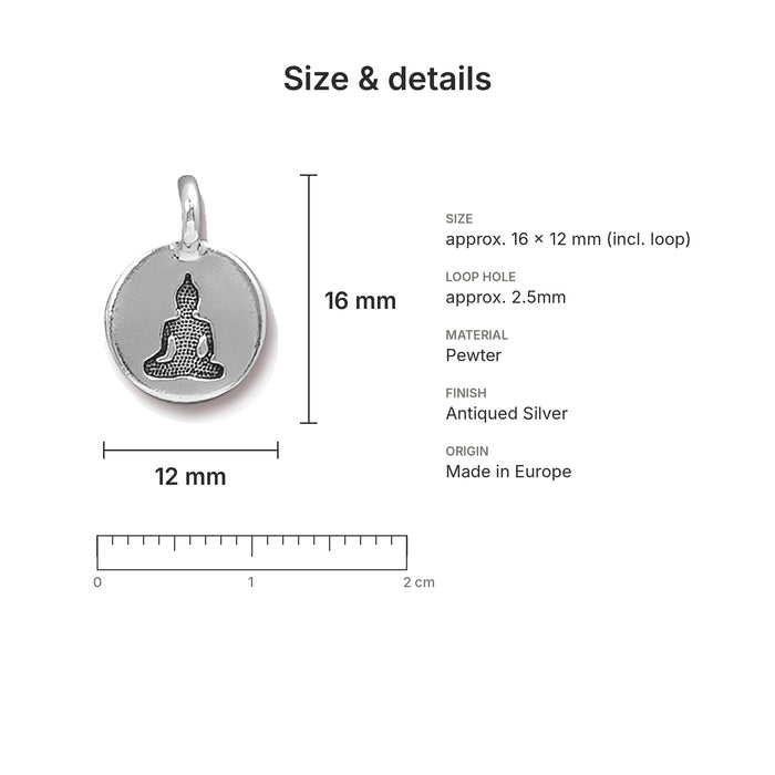 Antiqued silver Buddha coin charm size and details: 16 x 12 mm pewter, 2.5mm loop hole, made in Europe
