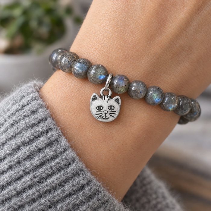 Antiqued silver cat face charm on a labradorite bead bracelet, design idea