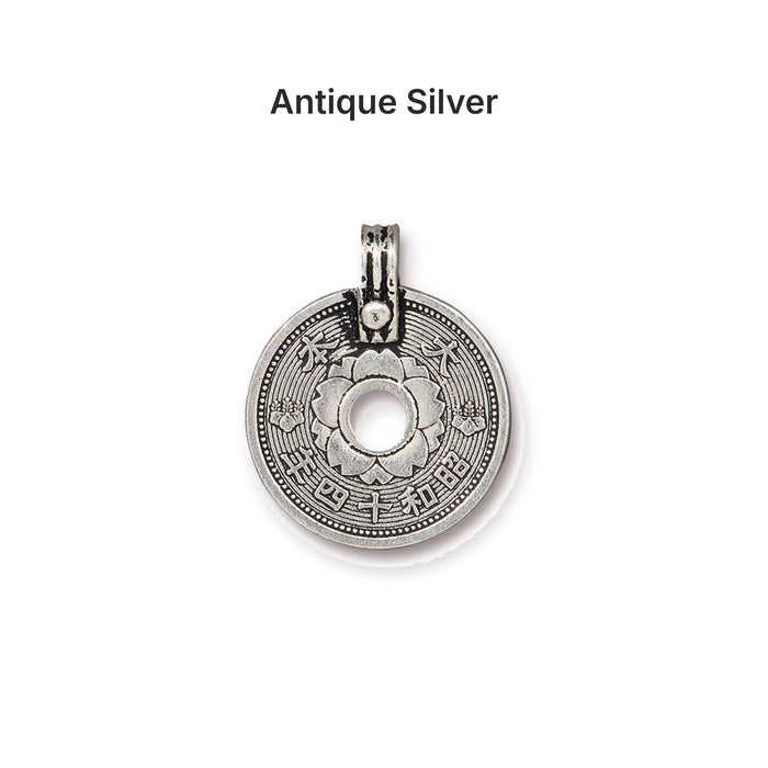 Antiqued silver Asian coin charm, front