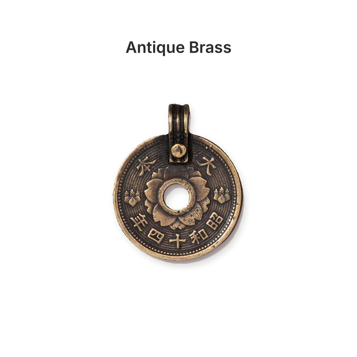 Antiqued brass Asian coin charm, front