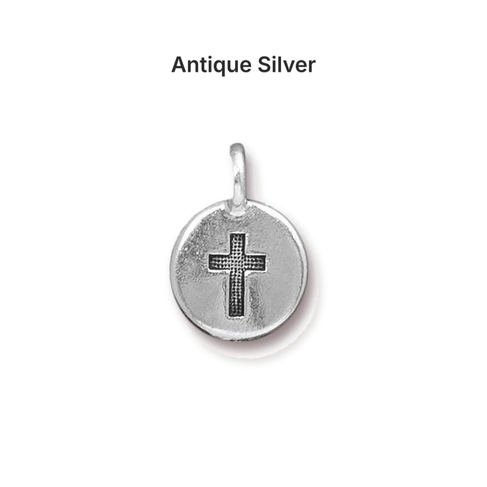 Antiqued silver cross coin charm, front