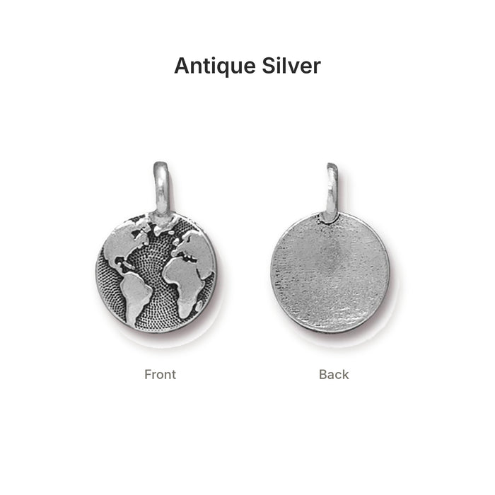 Antiqued silver earth globe coin charm, front and back
