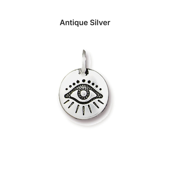 Antiqued silver evil eye coin charm, front