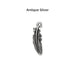 Antiqued silver feather charm, front