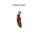 Antiqued copper feather charm, front