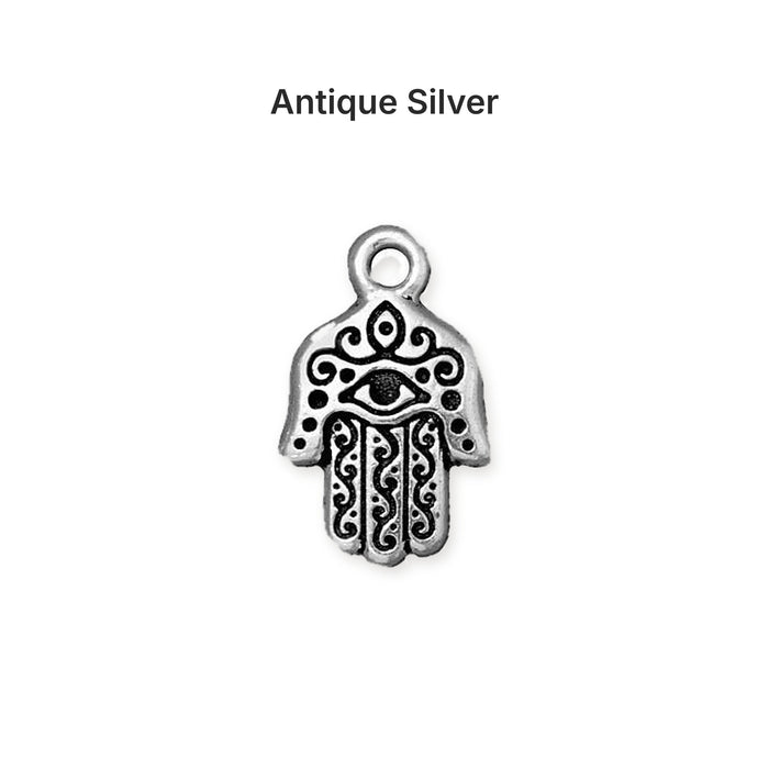 Antiqued silver hamsa hand charm, front