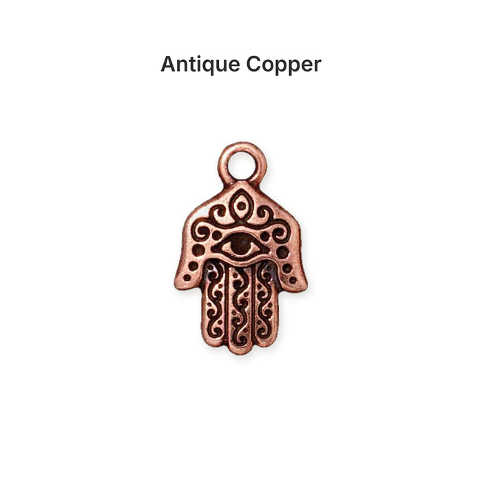 Antiqued copper hamsa hand charm, front