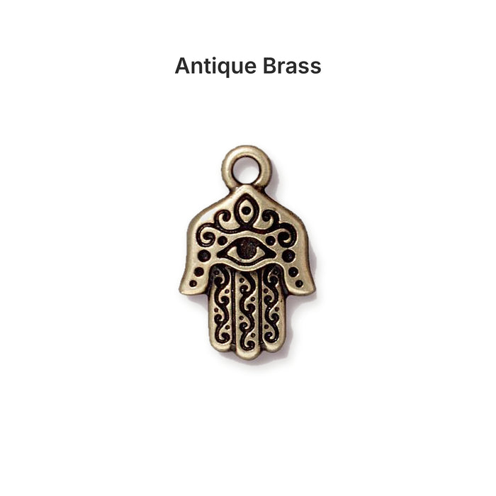 Antiqued brass hamsa hand charm, front