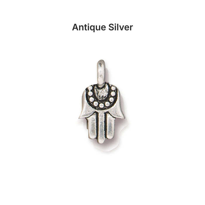Antiqued silver tiny hamsa hand charm, front