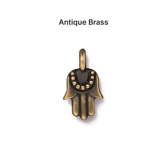Antiqued brass tiny hamsa hand charm, front