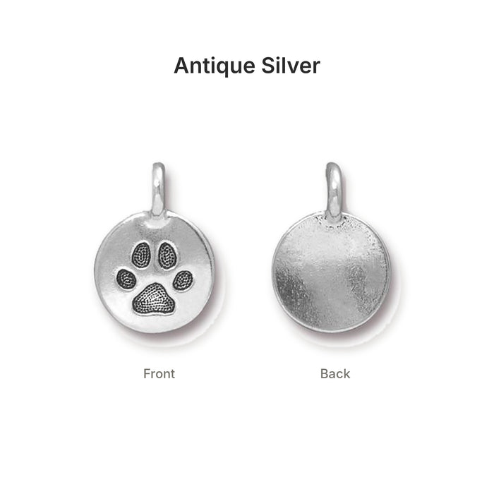 Antiqued silver paw print coin charm, front and back