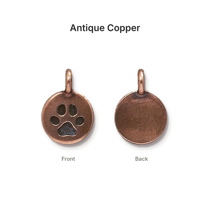 Antiqued copper paw print coin charm, front and back