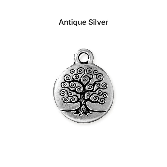 Antiqued silver tree of life charm, front