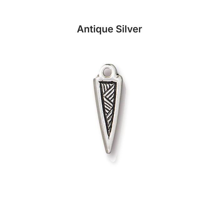 Antiqued silver woven spike charm, front