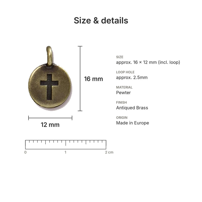 Antiqued brass cross coin charm size and details: 16 x 12 mm pewter, 2.5mm loop hole, made in Europe