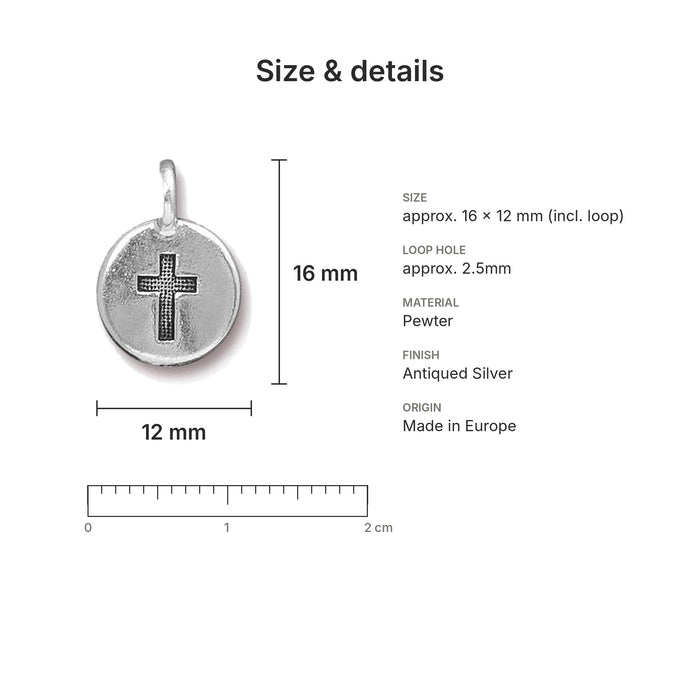 Antiqued silver cross coin charm size and details: 16 x 12 mm pewter, 2.5mm loop hole, made in Europe