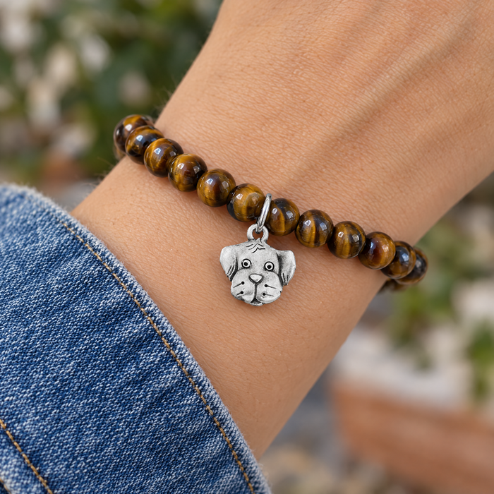 Antiqued silver dog face charm on a tiger eye bead bracelet, design idea