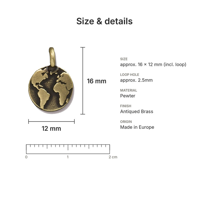 Antiqued brass earth globe coin charm size and details: 16 x 12 mm pewter, 2.5mm loop hole, made in Europe