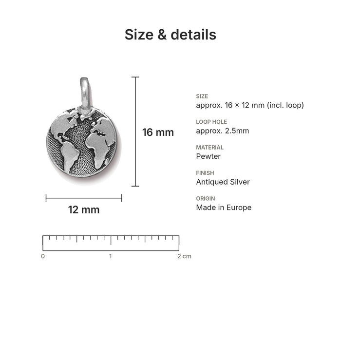 Antiqued silver earth globe coin charm size and details: 16 x 12 mm pewter, 2.5mm loop hole, made in Europe