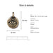 Antiqued brass evil eye coin charm size and details: 16 x 12 mm pewter, 2.5mm loop hole, made in Europe