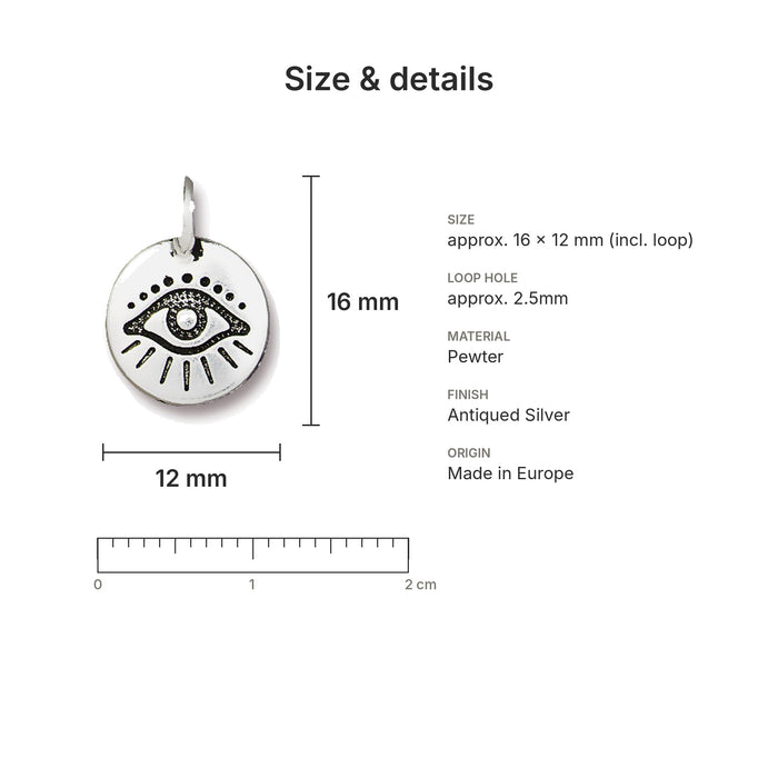 Antiqued silver evil eye coin charm size and details: 16 x 12 mm pewter, 2.5mm loop hole, made in Europe