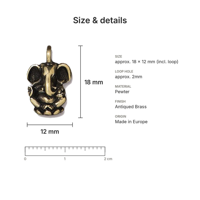 Antiqued brass Ganesh charm size and details: 18 x 12 mm pewter, 2mm loop hole, made in Europe