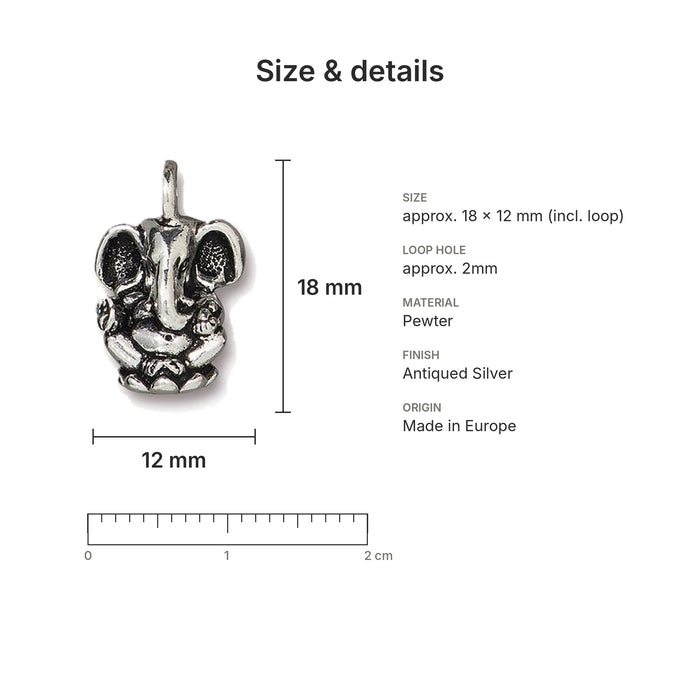 Antiqued silver Ganesh charm size and details: 18 x 12 mm pewter, 2mm loop hole, made in Europe