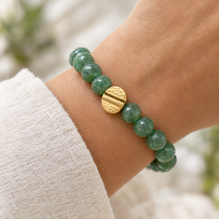 Gold plated hammered baule bead on an aventurine bead bracelet, design idea