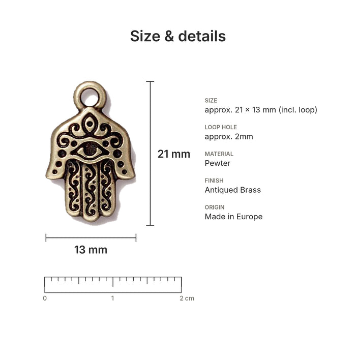 Antiqued brass hamsa hand charm size and details: 21 x 13 mm pewter, 2mm loop hole, made in Europe