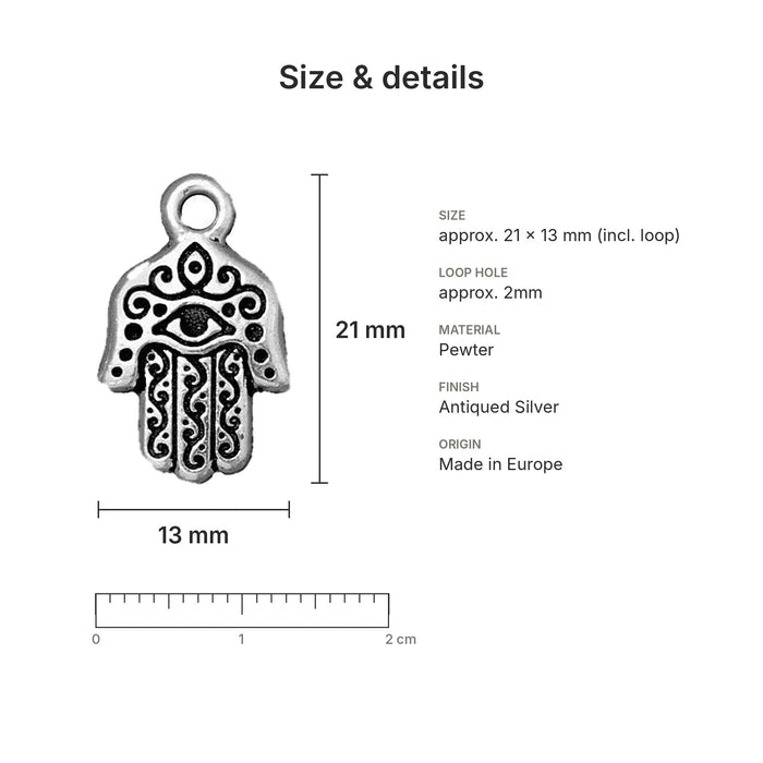 Antiqued silver hamsa hand charm size and details: 21 x 13 mm pewter, 2mm loop hole, made in Europe