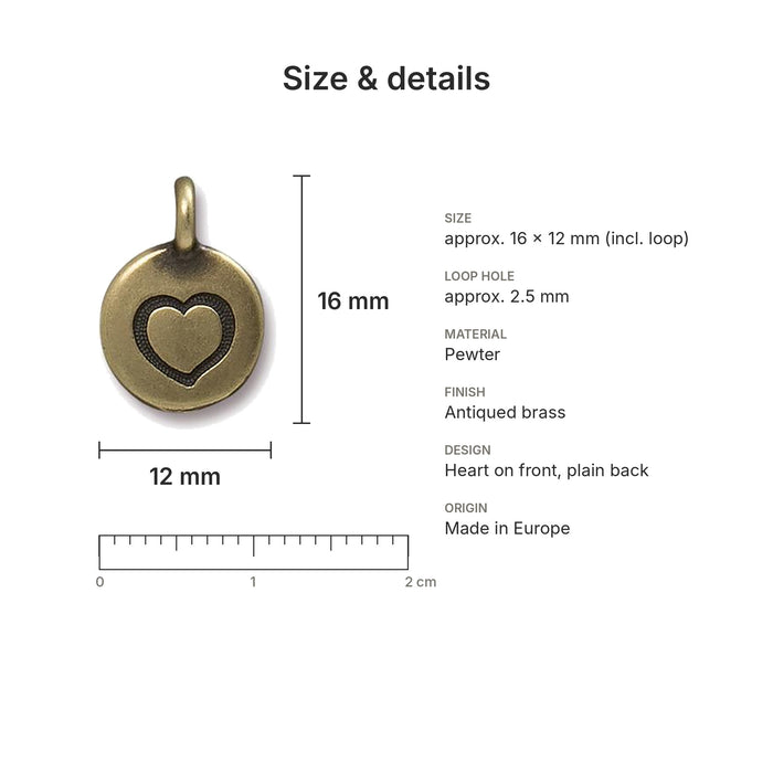Antiqued brass heart coin charm size and details: 16 x 12 mm pewter, 2.5 mm loop hole, made in Europe