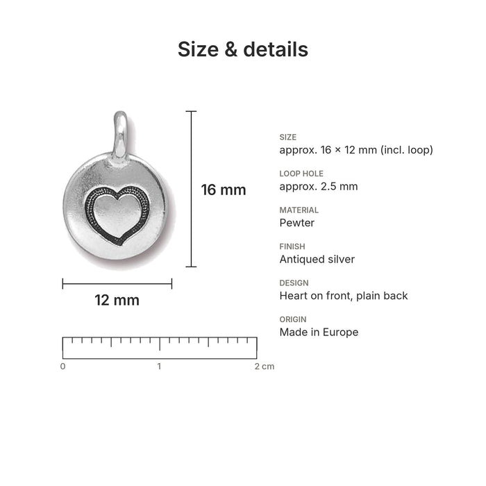 Antiqued silver heart coin charm size and details: 16 x 12 mm pewter, 2.5 mm loop hole, made in Europe