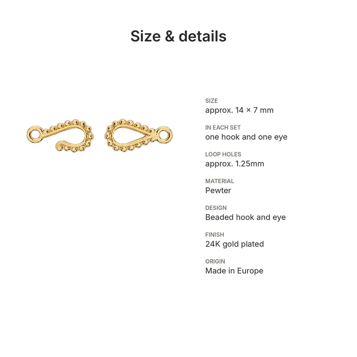 hook eye clasps size details beaded gold