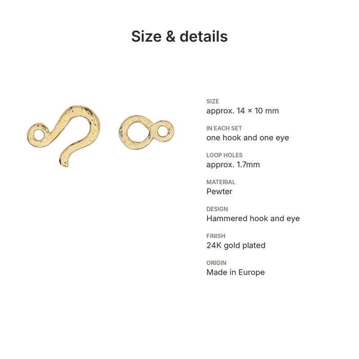 hook eye clasps size details hammered gold