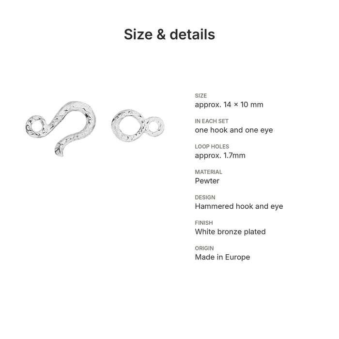 hook eye clasps size details hammered white bronze