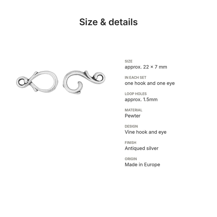 hook eye clasps size details vine silver