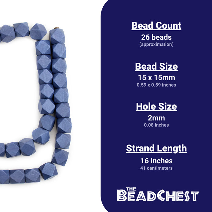 Cobalt Blue Diamond Cut Natural Wood Beads (15mm) - The Bead Chest