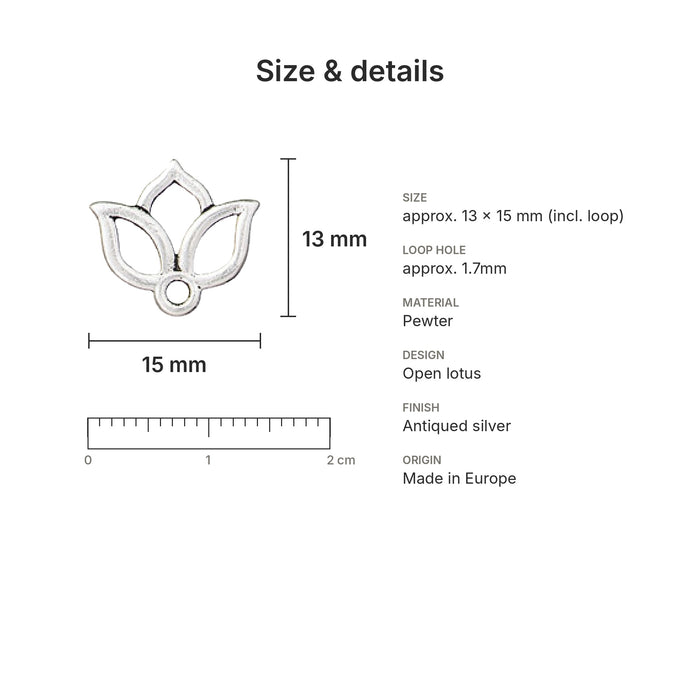 lotus charms size details open silver