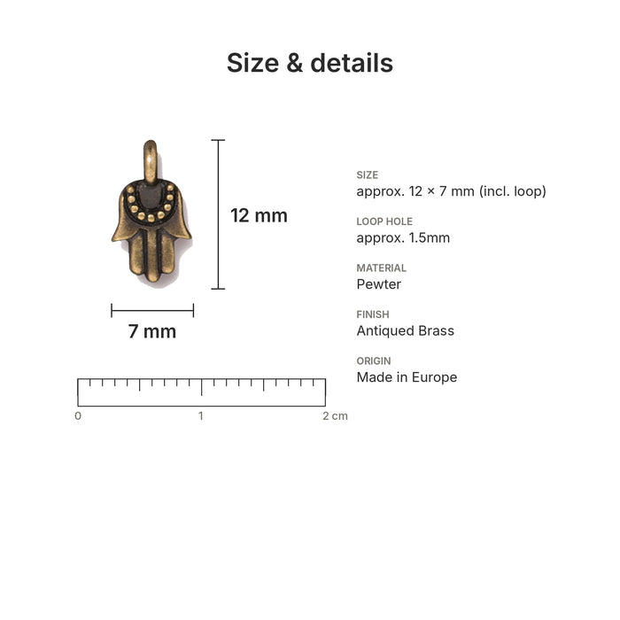 Antiqued brass tiny hamsa hand charm size and details: 12 x 7 mm pewter, 1.5mm loop hole, made in Europe