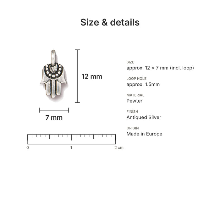 Antiqued silver tiny hamsa hand charm size and details: 12 x 7 mm pewter, 1.5mm loop hole, made in Europe