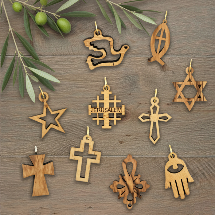 Palestinian Olive Wood Pendant Set from Bethlehem (12 Piece Variety Pack)