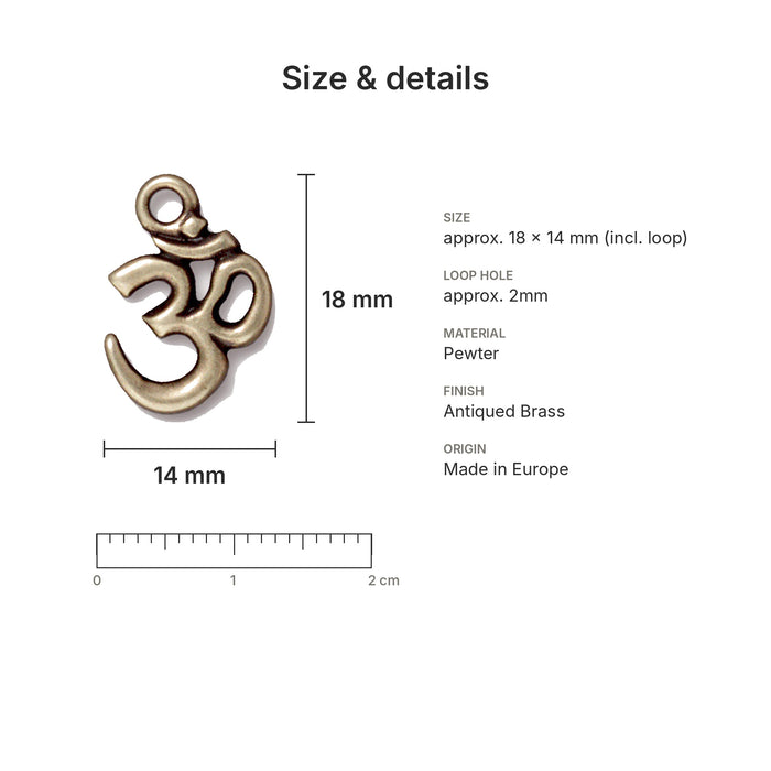 Antiqued brass open Om charm size and details: 18 x 14 mm pewter, 2mm loop hole, made in Europe