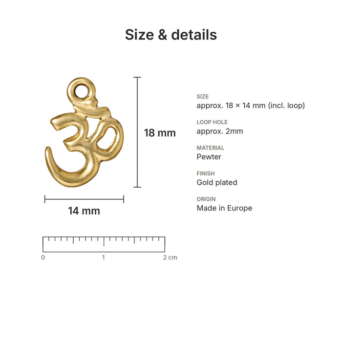 Gold open Om charm size and details: 18 x 14 mm pewter, 2mm loop hole, made in Europe
