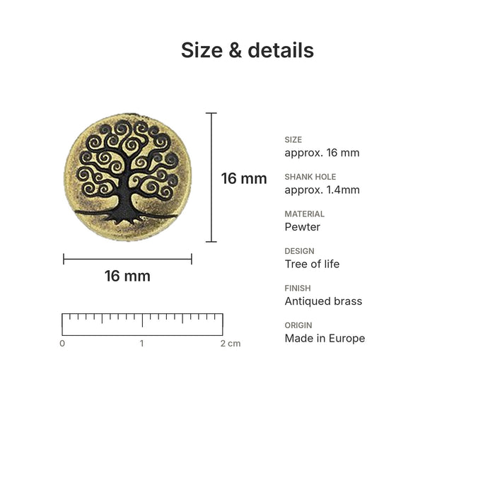 pewter buttons size details tree brass