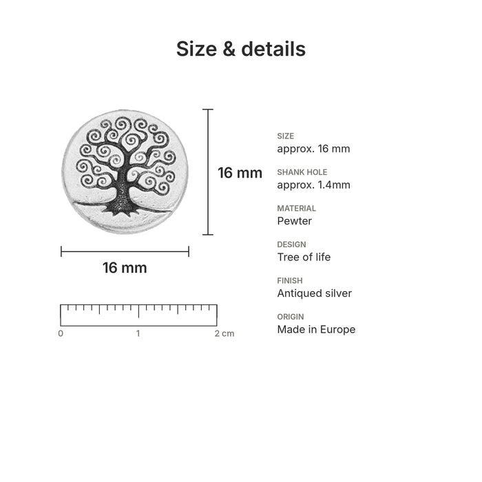 pewter buttons size details tree silver