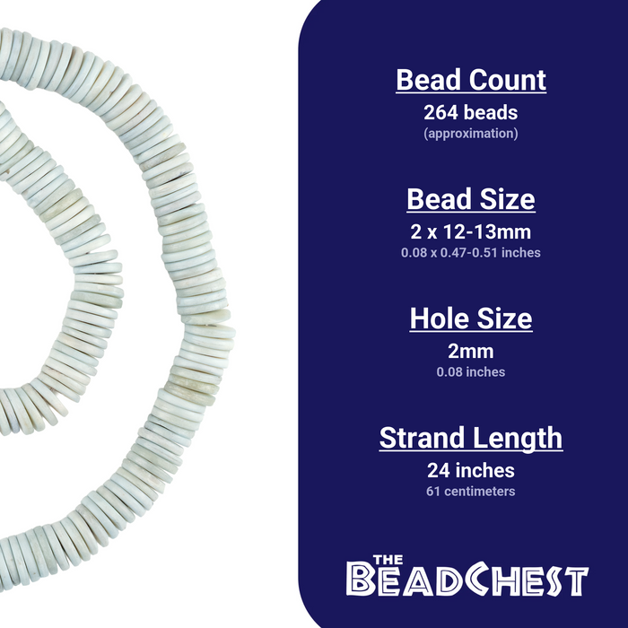 Spec card for pastel blue bone button beads: about 264 beads, 2 x 12-13mm, 2mm hole, 24 inch strand